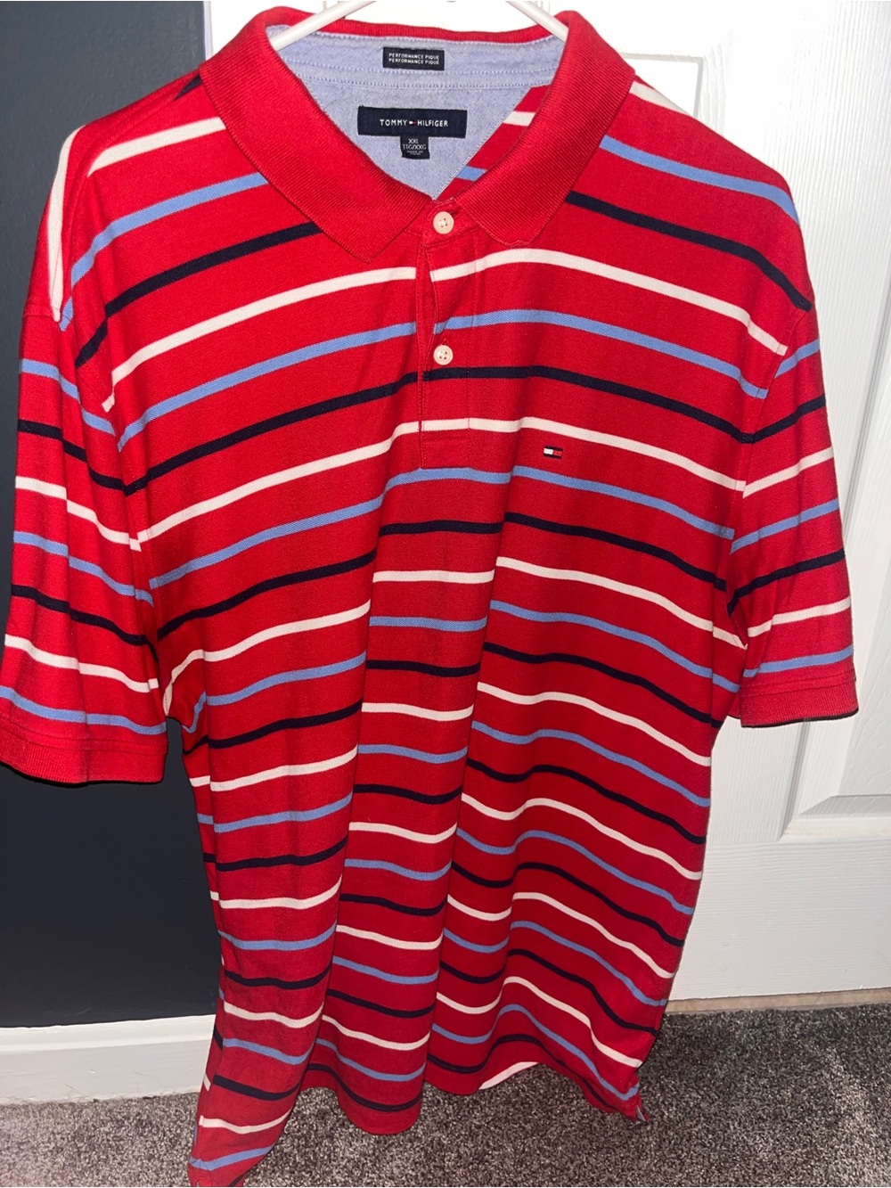 Tommy Hilfiger Red Striped Polo with Blue, White and Navy Accents